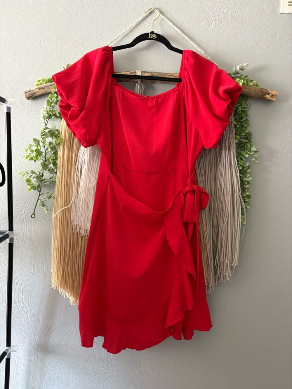 Red Puff-Sleeve Wrap Mini Dress with Side Tie
